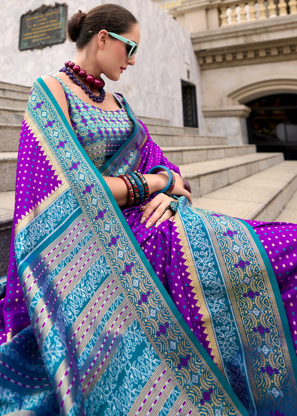 Irish Purple Woven Banarasi Silk saree with Contrast Blouse & Pallu