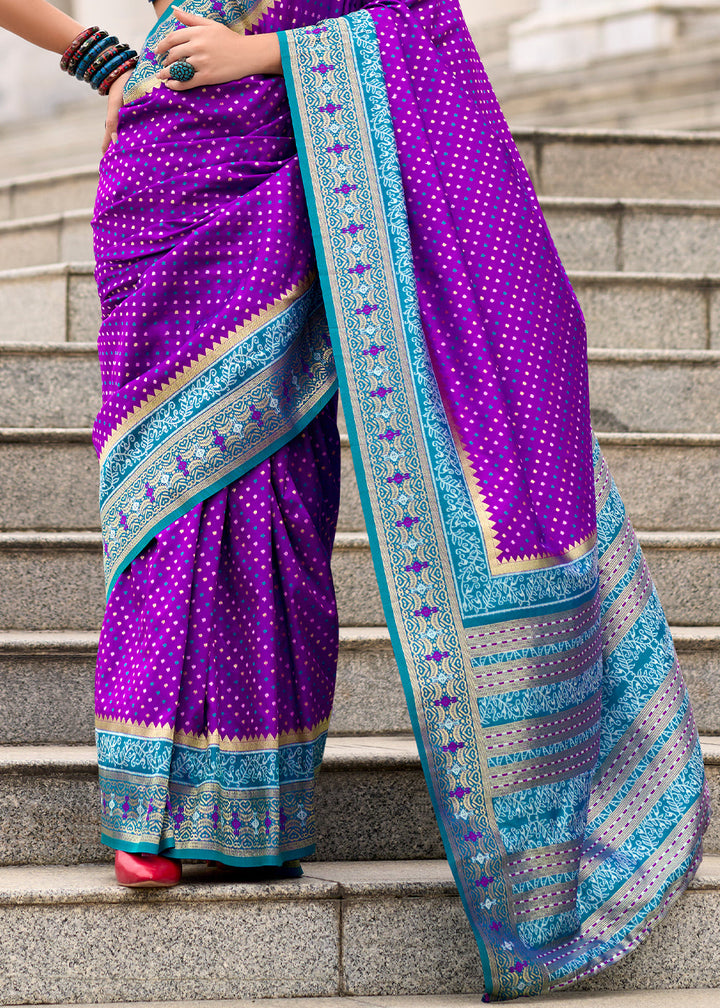 Irish Purple Woven Banarasi Silk saree with Contrast Blouse & Pallu