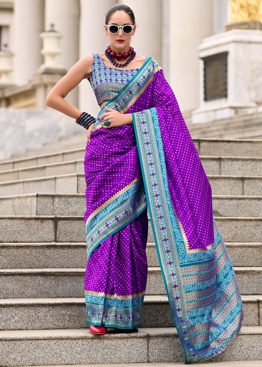 Irish Purple Woven Banarasi Silk saree with Contrast Blouse & Pallu