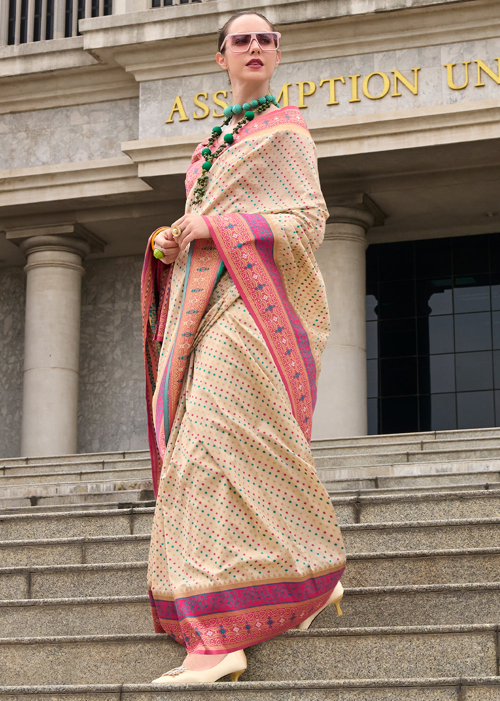 Beige Brown Woven Banarasi Silk saree with Contrast Blouse & Pallu