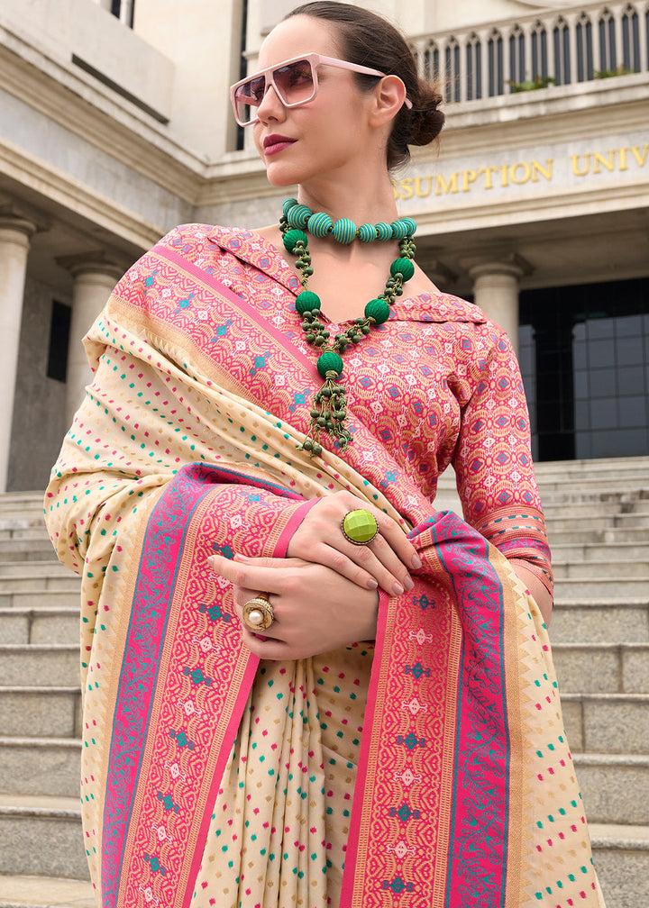 Beige Brown Woven Banarasi Silk saree with Contrast Blouse & Pallu