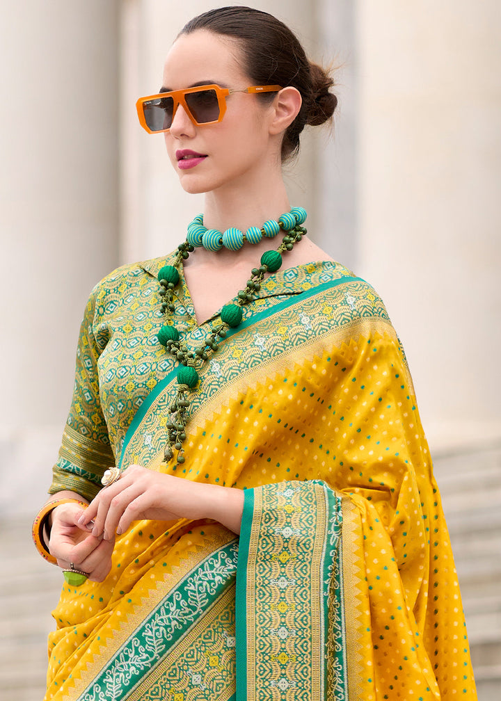 Golden Yellow Woven Banarasi Silk saree with Contrast Blouse & Pallu