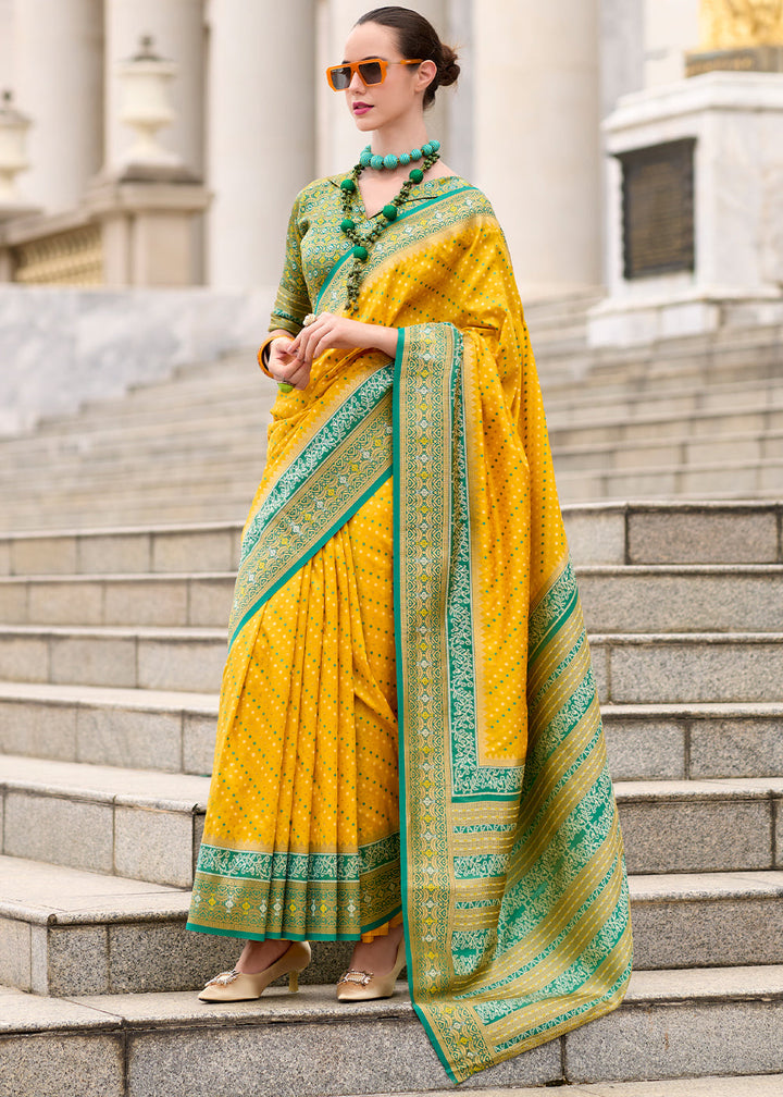 Golden Yellow Woven Banarasi Silk saree with Contrast Blouse & Pallu