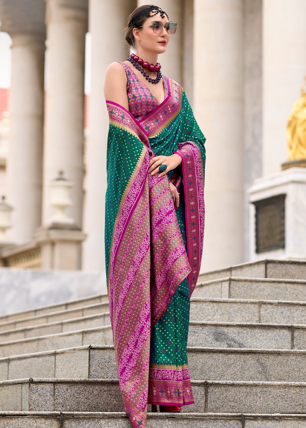 Bottle Green Woven Banarasi Silk saree with Contrast Blouse & Pallu