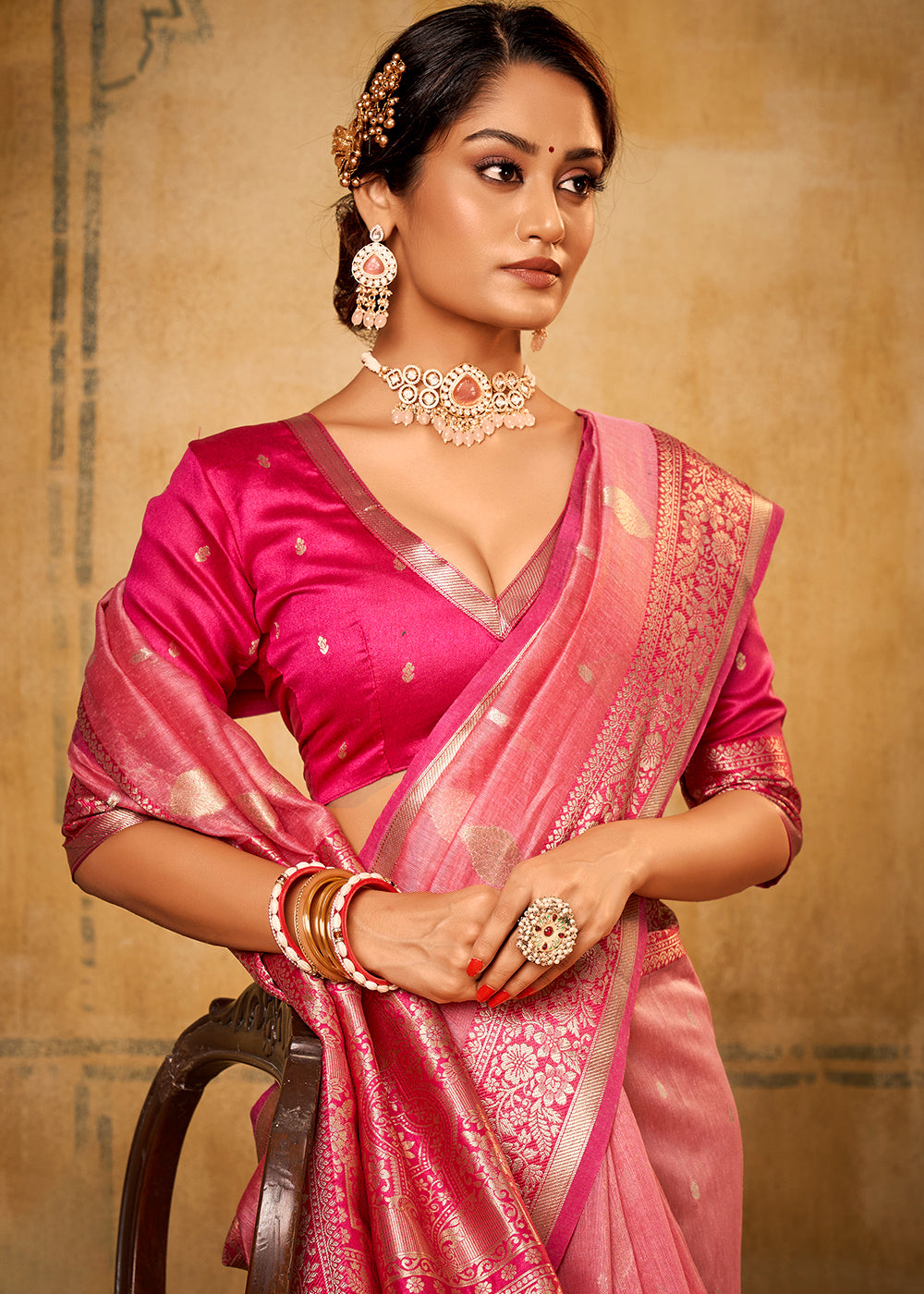 Brink Pink Woven Banarasi Tissue Silk Saree