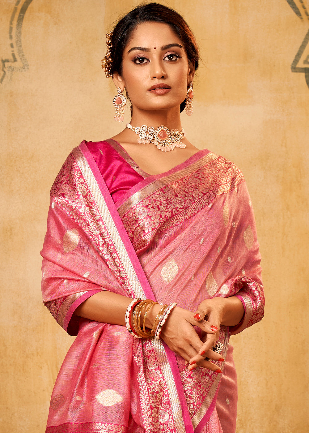 Brink Pink Woven Banarasi Tissue Silk Saree