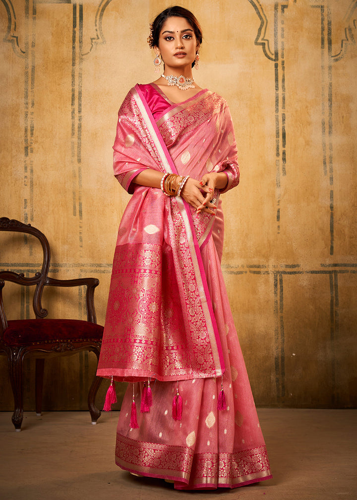 Brink Pink Woven Banarasi Tissue Silk Saree