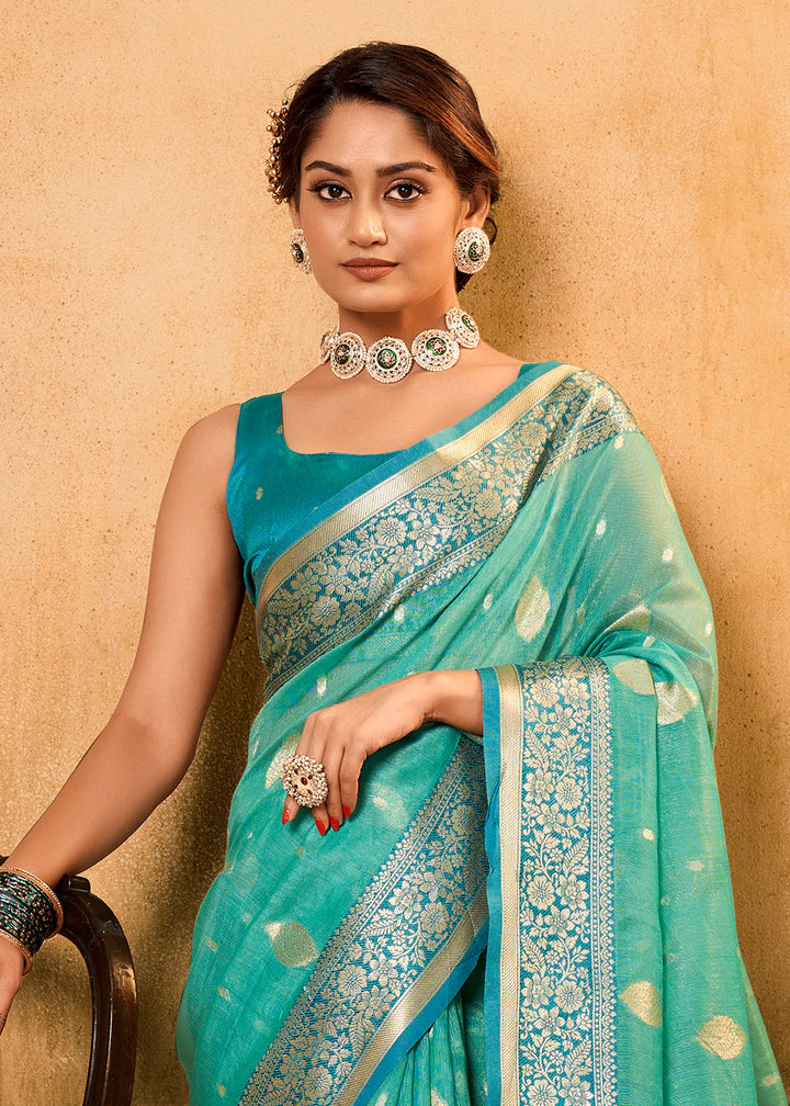 Riptide Blue Woven Banarasi Tissue Silk Saree