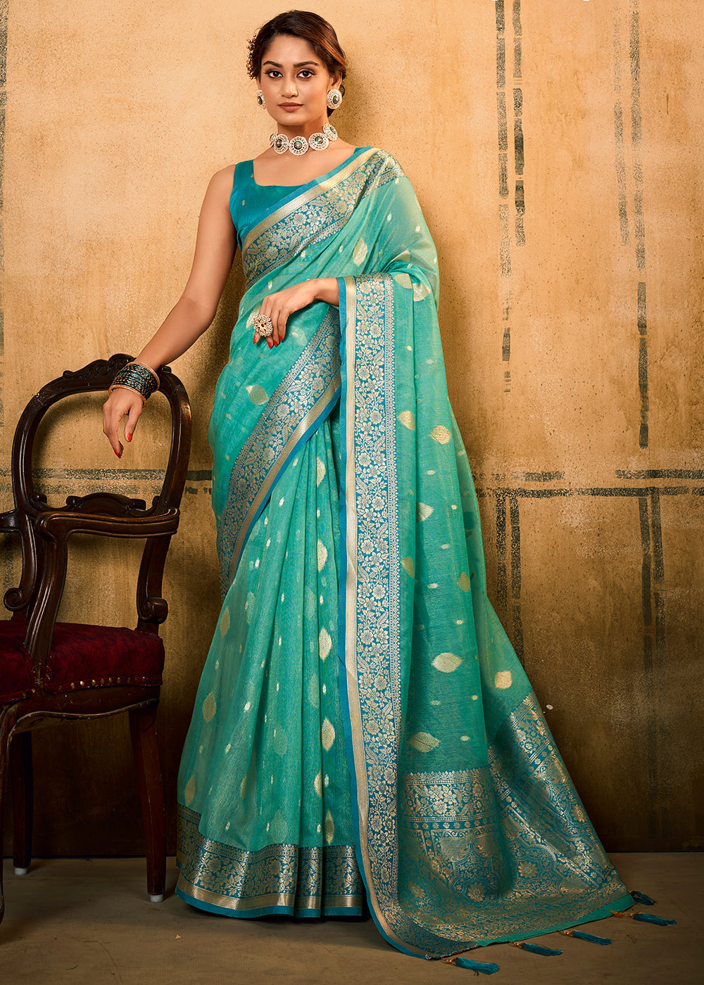 Riptide Blue Woven Banarasi Tissue Silk Saree