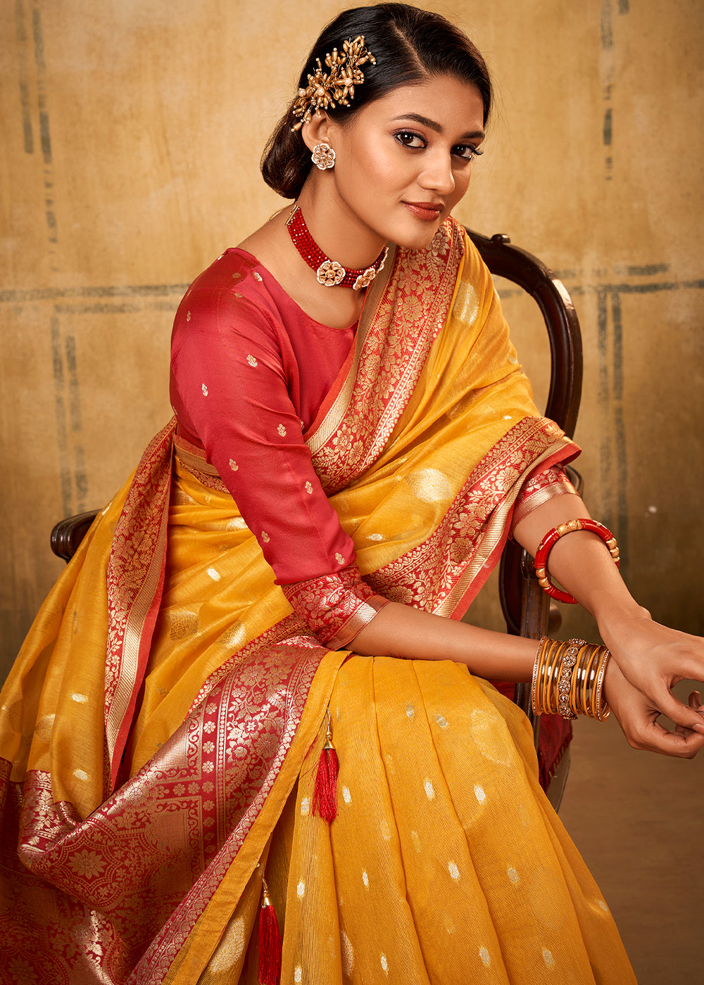 Amber Gold Yellow Woven Banarasi Tissue Silk Saree