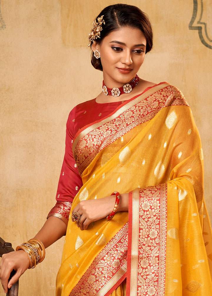 Amber Gold Yellow Woven Banarasi Tissue Silk Saree