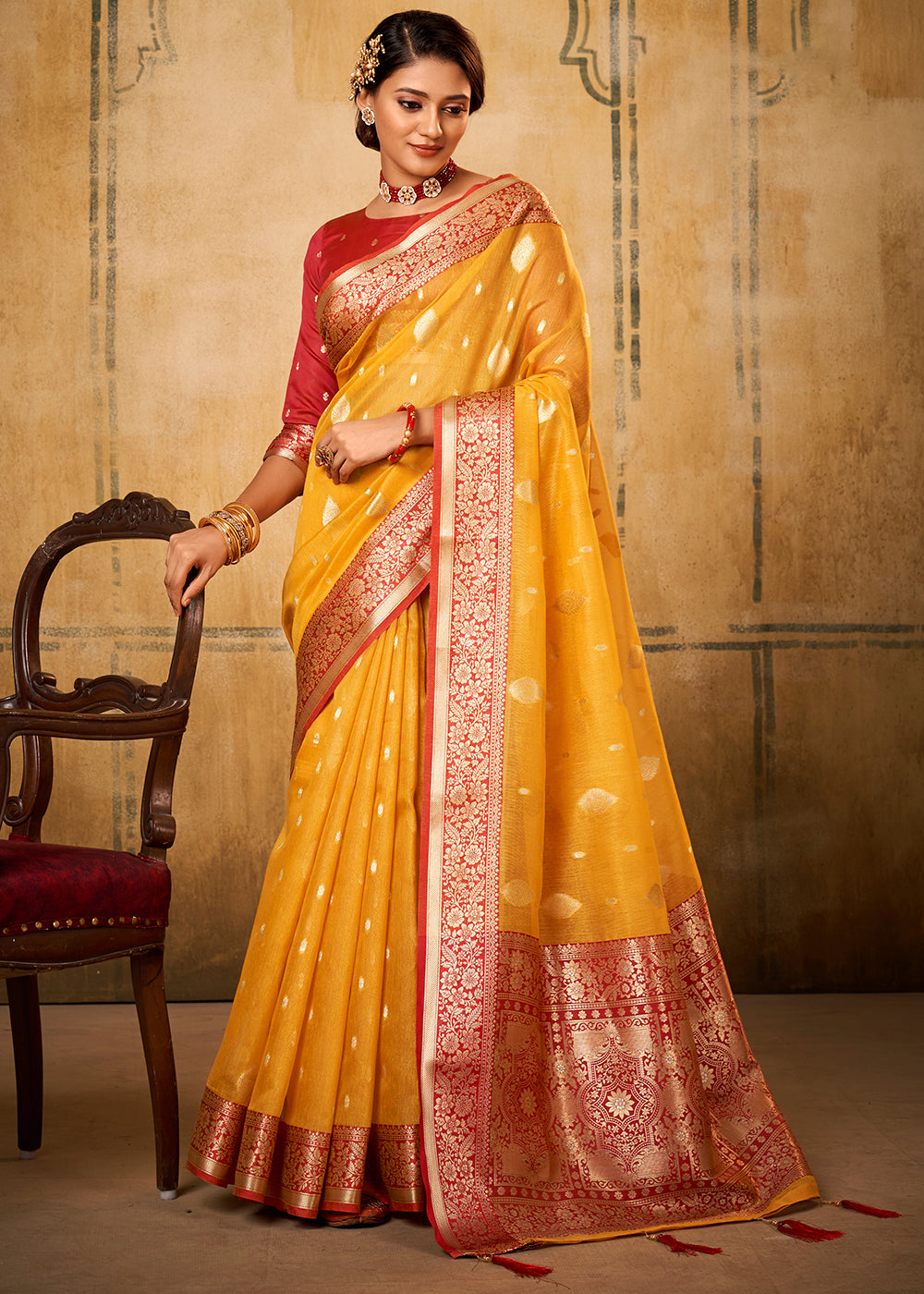 Amber Gold Yellow Woven Banarasi Tissue Silk Saree