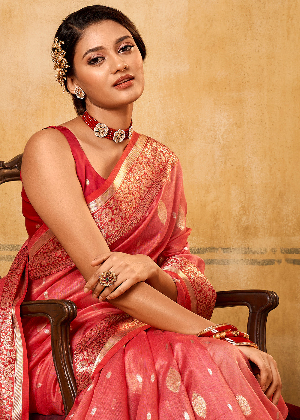 Vivid Peach Woven Banarasi Tissue Silk Saree : Top Pick