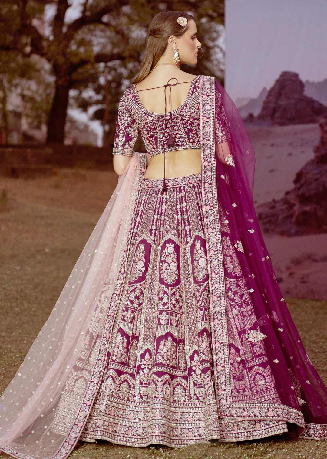 Purple Pure silk Moti, Sequins embroidery Bridal Lehenga