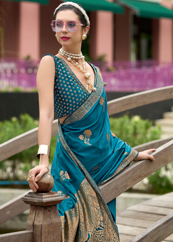 Cerulean Blue Zari Woven Satin Silk Saree