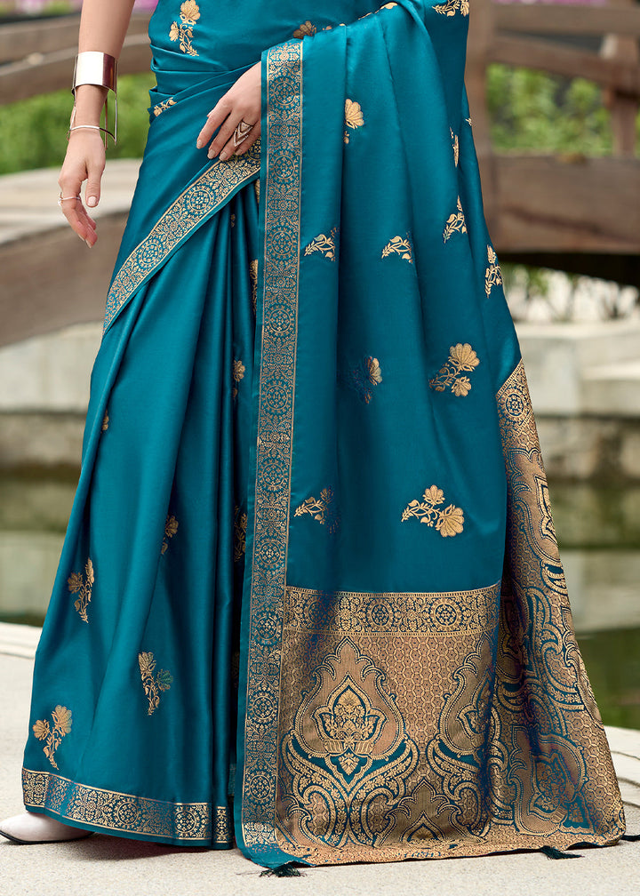 Cerulean Blue Zari Woven Satin Silk Saree