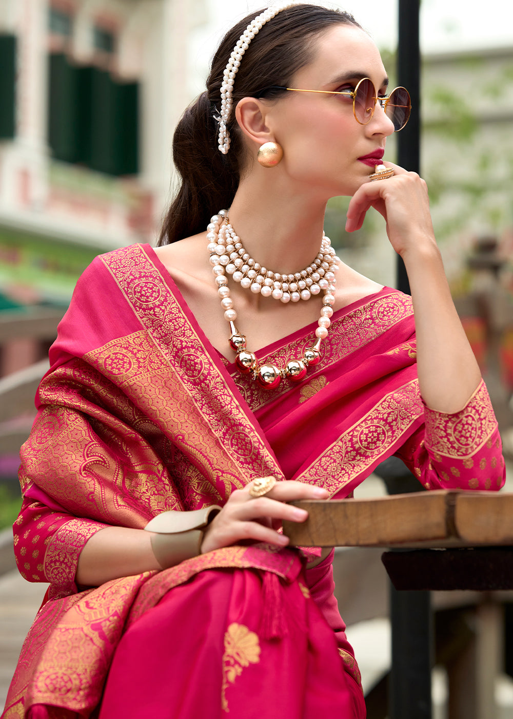 Ruby Pink Zari Woven Satin Silk Saree