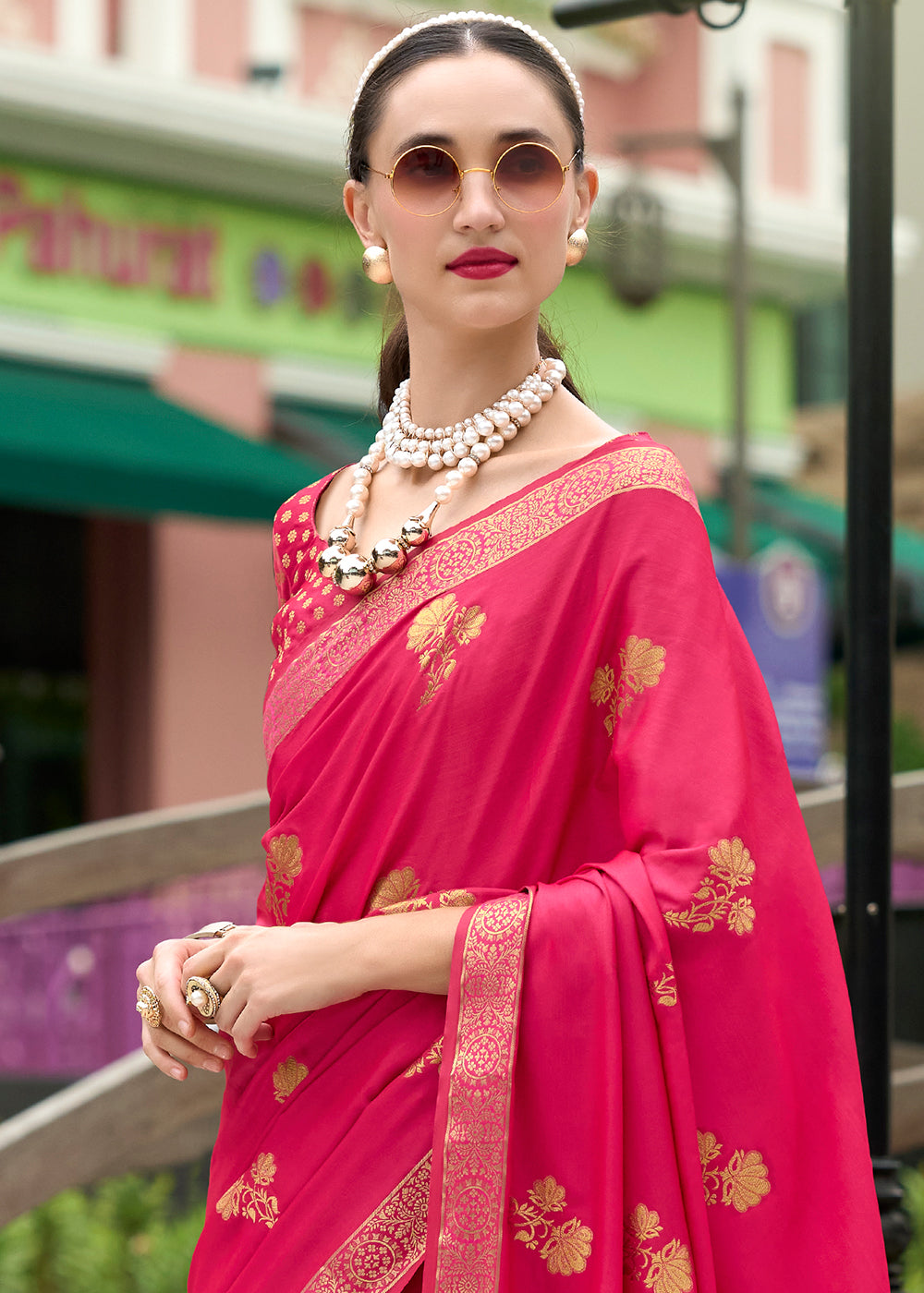 Ruby Pink Zari Woven Satin Silk Saree