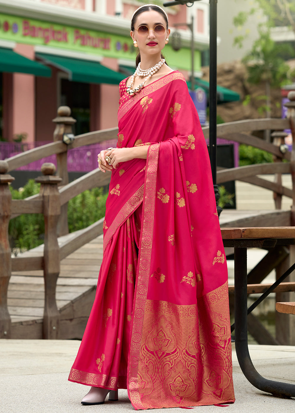 Ruby Pink Zari Woven Satin Silk Saree