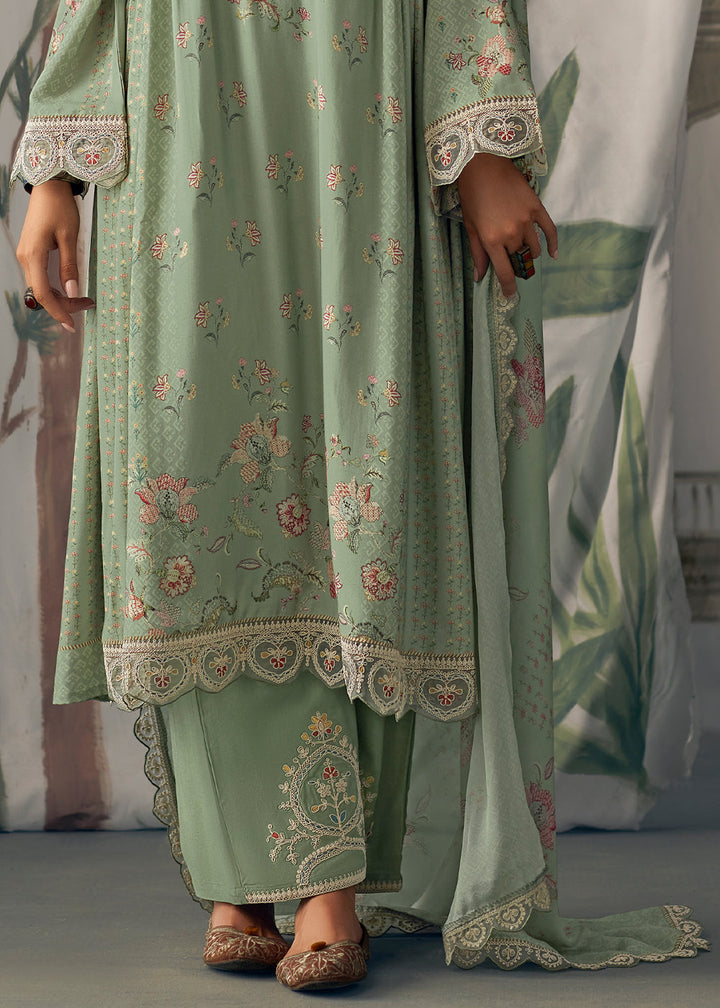 Fern Green Digital Printed Muslin Salwar Suit with Light Embroidery work