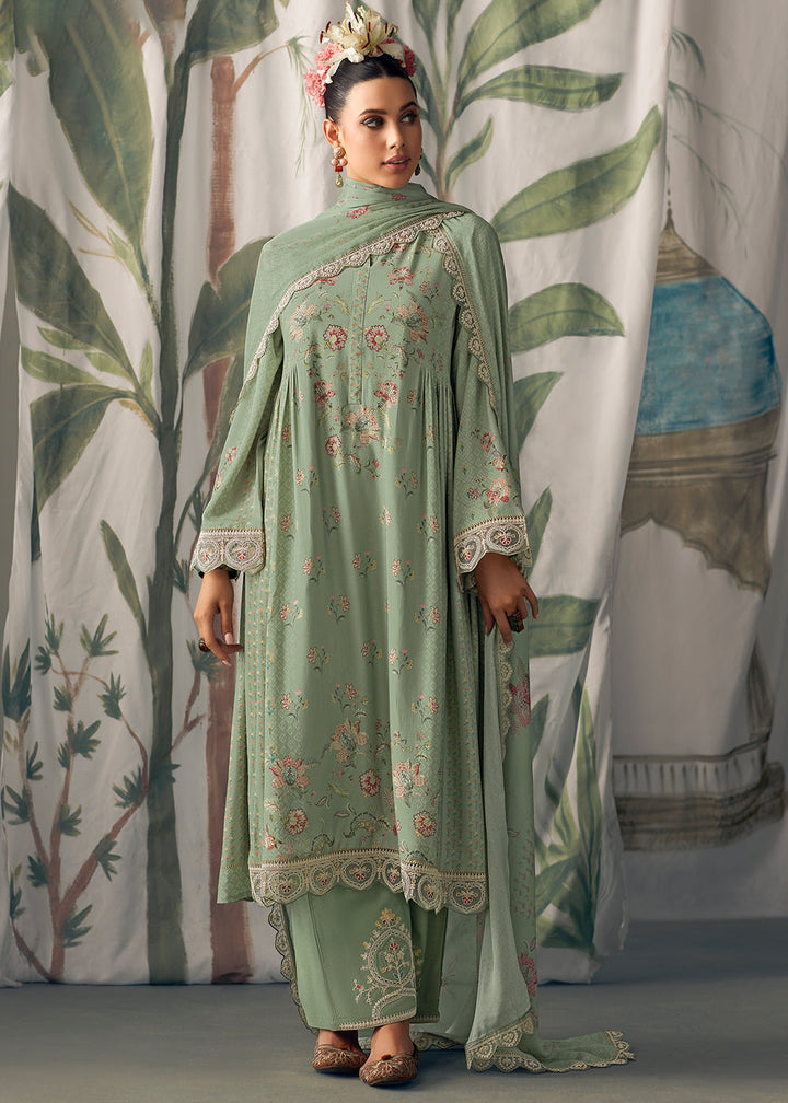 Fern Green Digital Printed Muslin Salwar Suit with Light Embroidery work