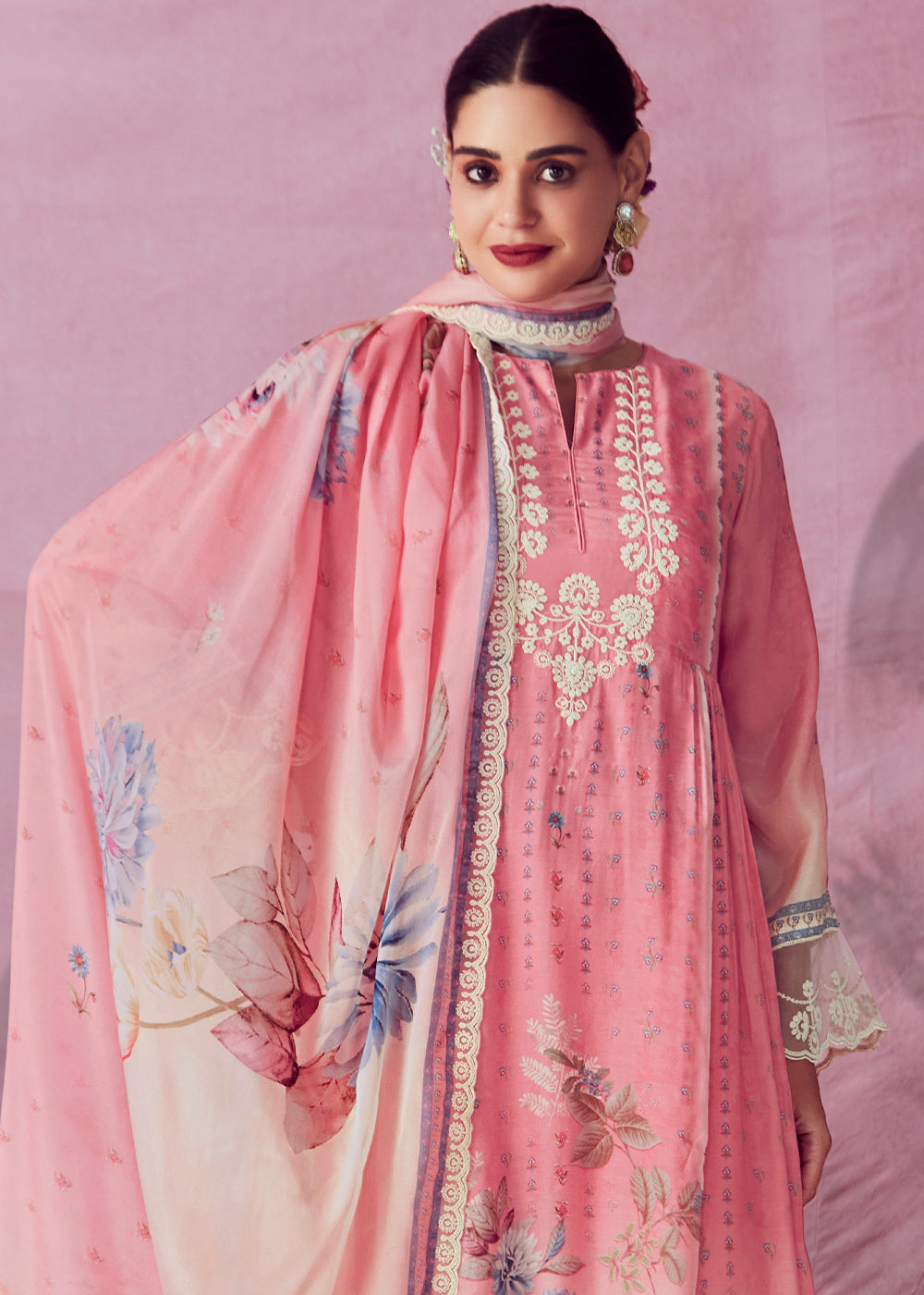 Shades Of Pink Digital Floral Printed Muslin Salwar Suit with Embroidery work