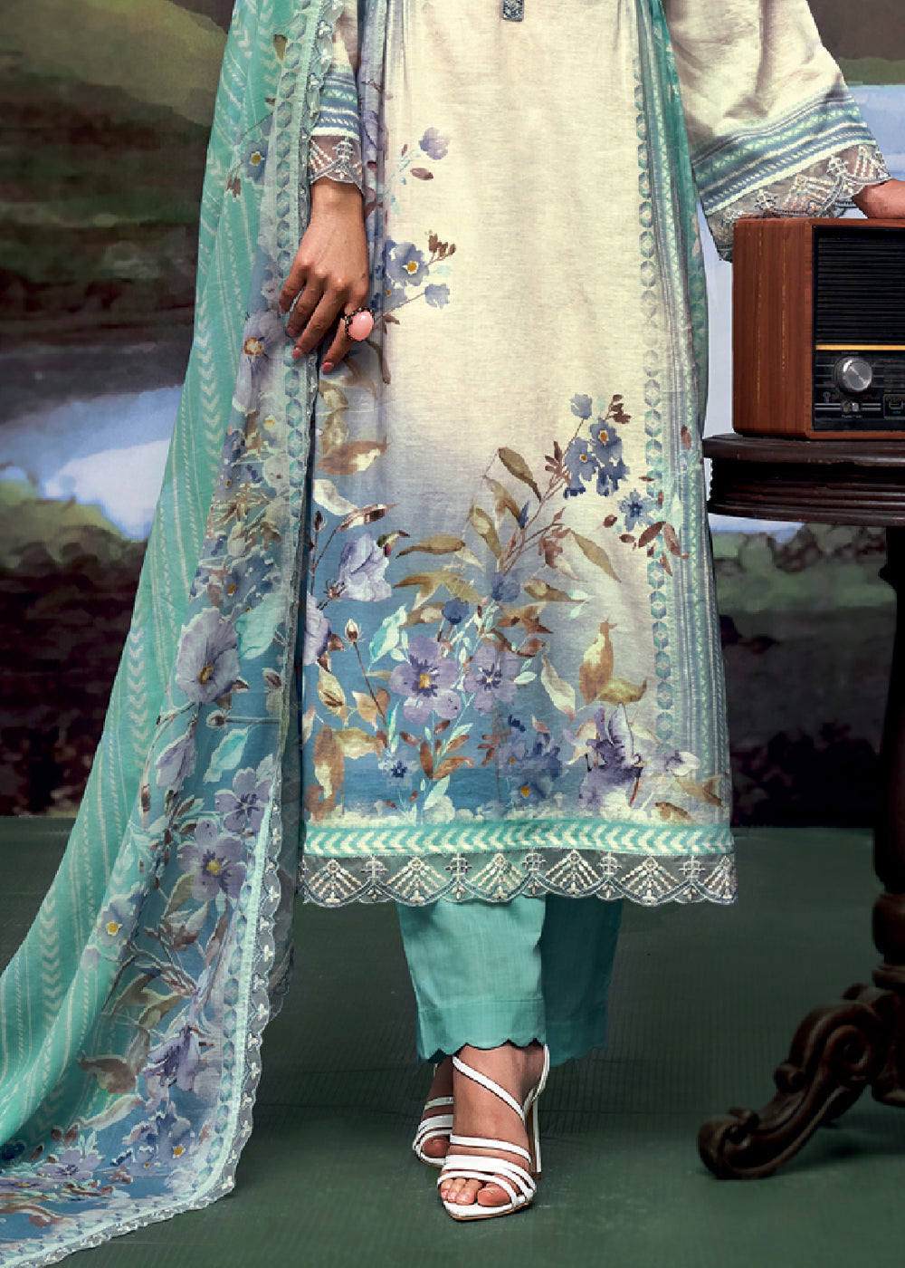 Shades Of Green Digital Printed Linen Suit & Embroidery work