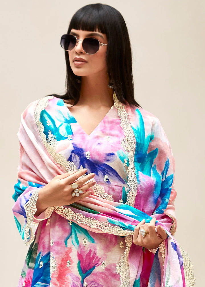 Shades Of Pink Floral Digital Printed Linen Suit & Dori Embroidery work