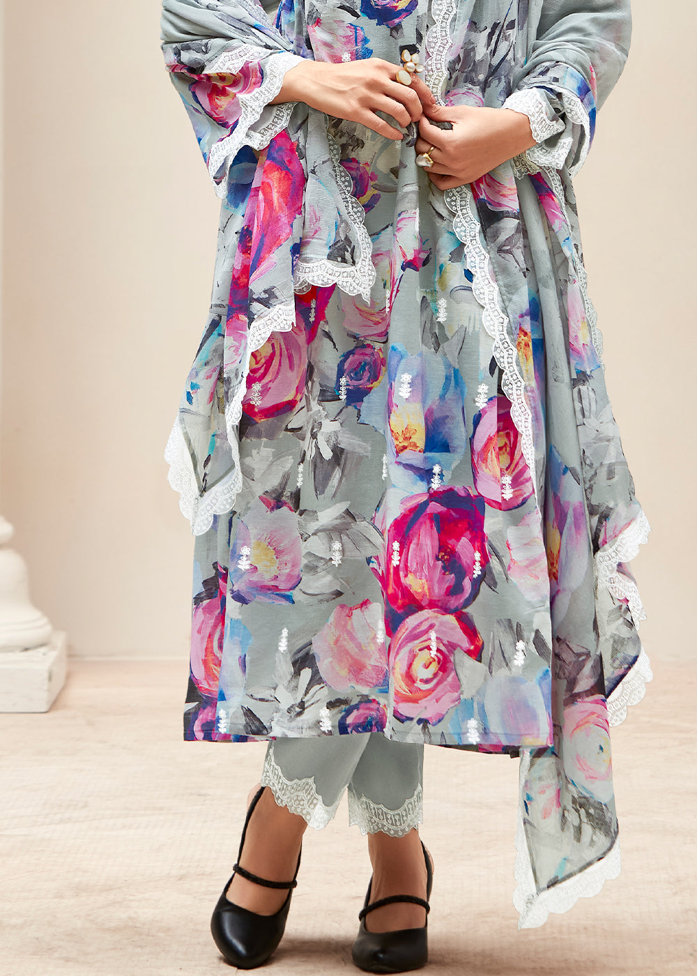 Seal Grey Floral Digital Printed Linen Suit & Dori Embroidery work