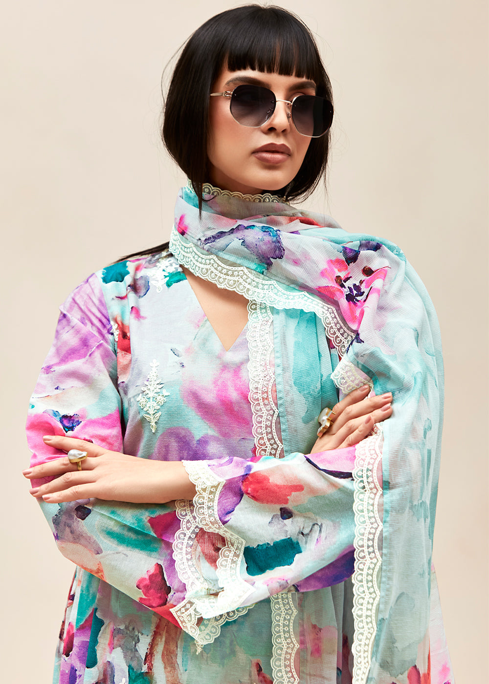 Shades Of Blue Floral Digital Printed Linen Suit & Dori Embroidery work