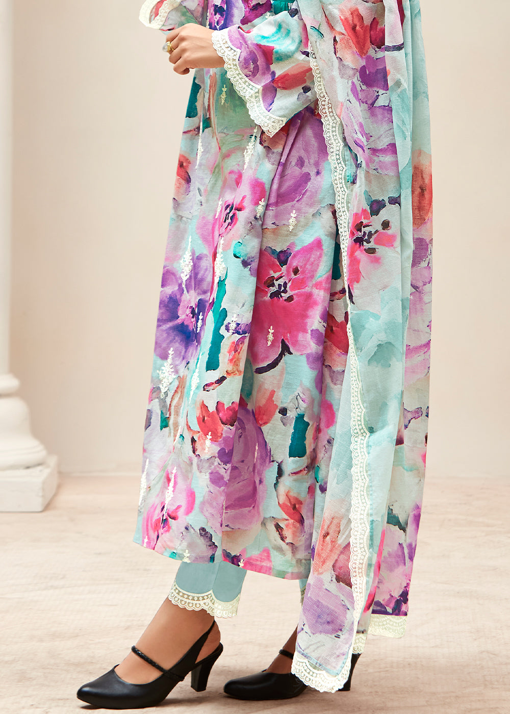 Shades Of Blue Floral Digital Printed Linen Suit & Dori Embroidery work