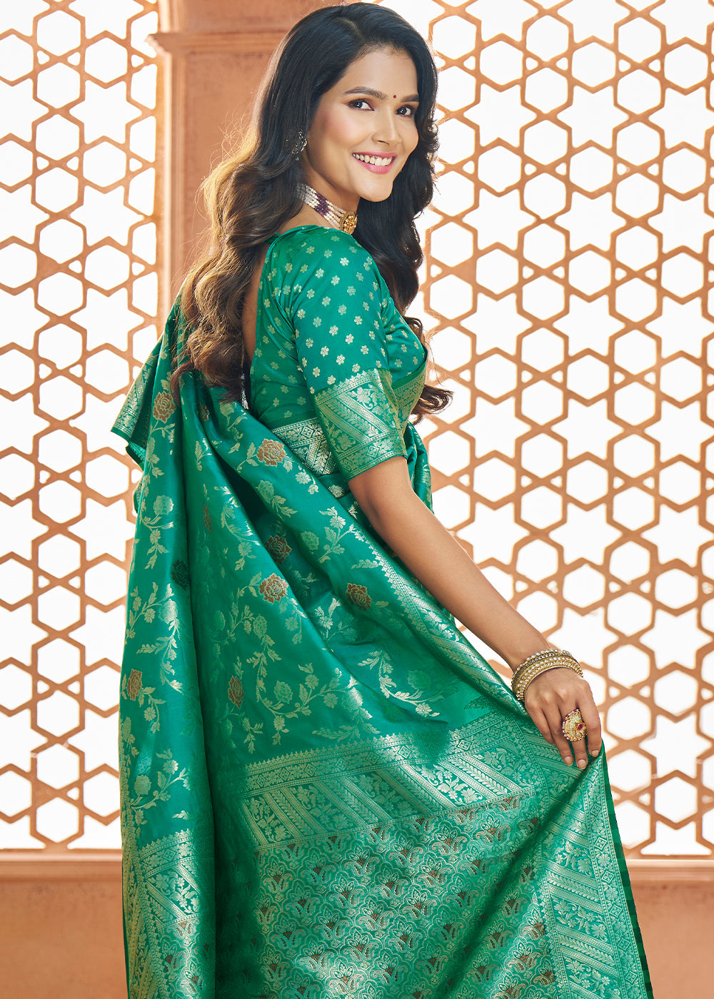 Jade Green Floral Zari Woven Banarasi Silk Saree