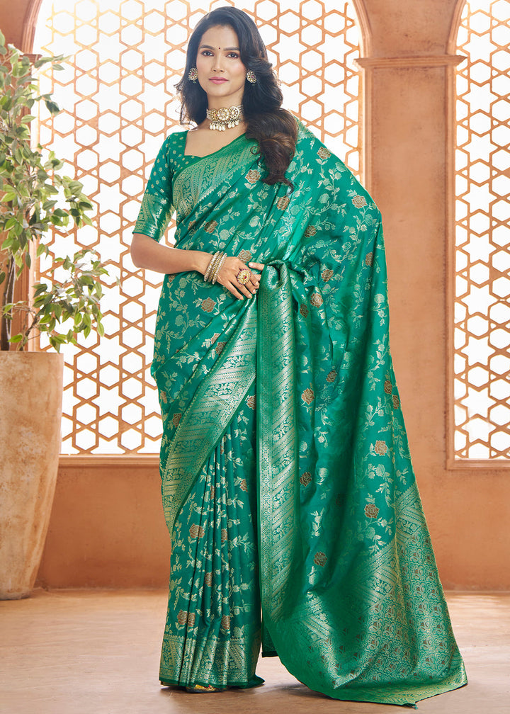 Jade Green Floral Zari Woven Banarasi Silk Saree