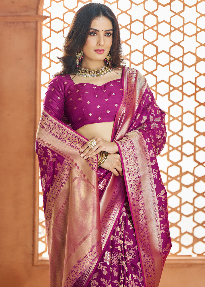 Jam Purple Floral Zari Woven Banarasi Silk Saree