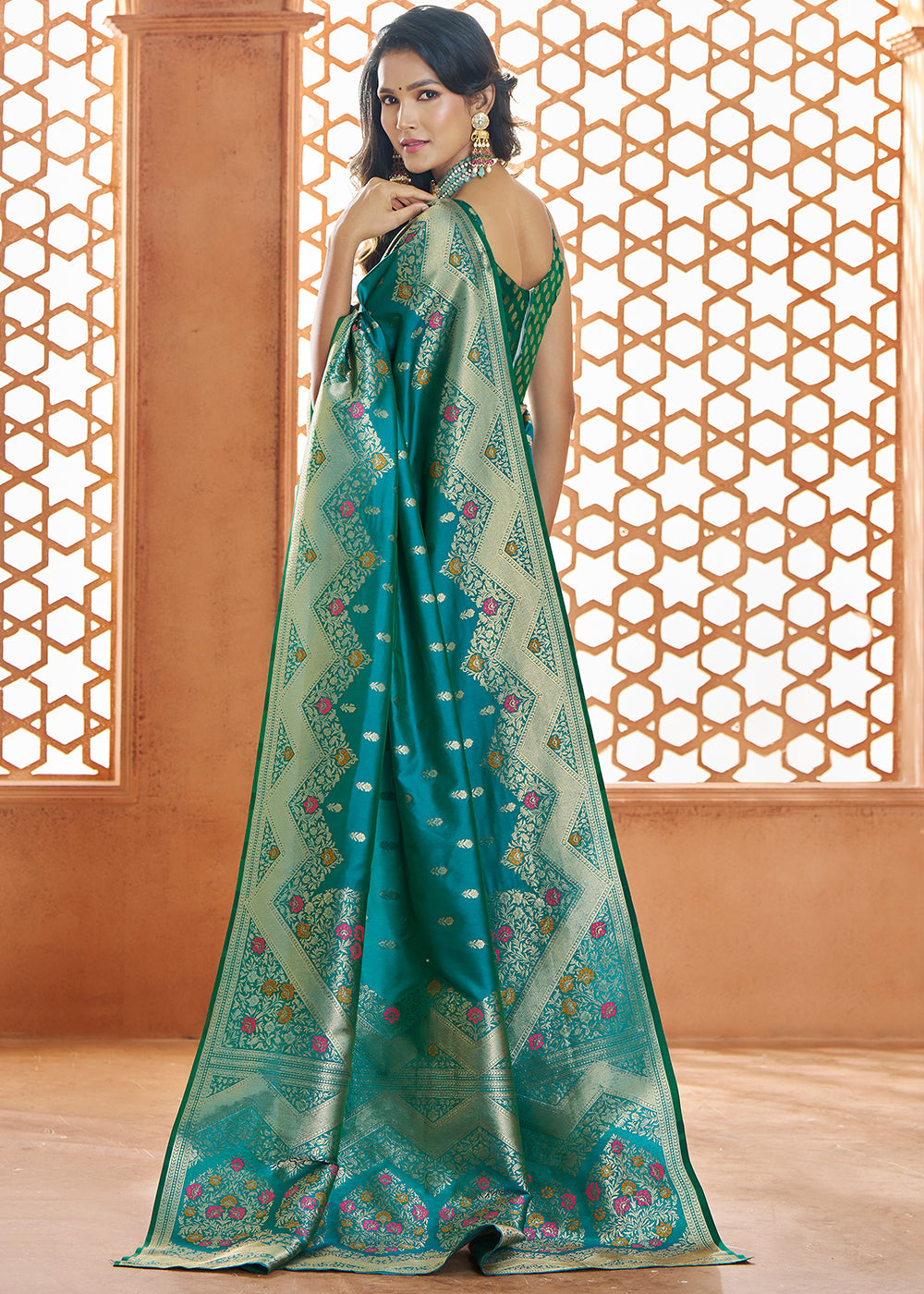 Honolulu Blue Floral Zari Woven Banarasi Silk Saree