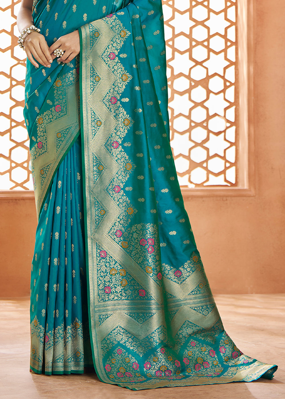 Honolulu Blue Floral Zari Woven Banarasi Silk Saree