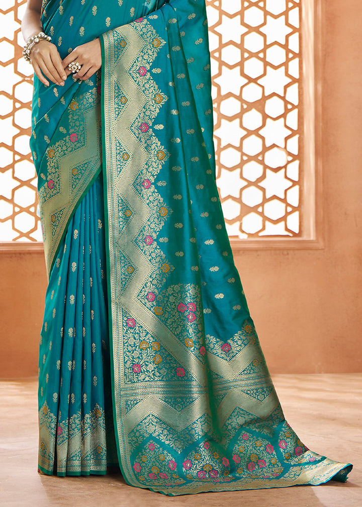 Honolulu Blue Floral Zari Woven Banarasi Silk Saree