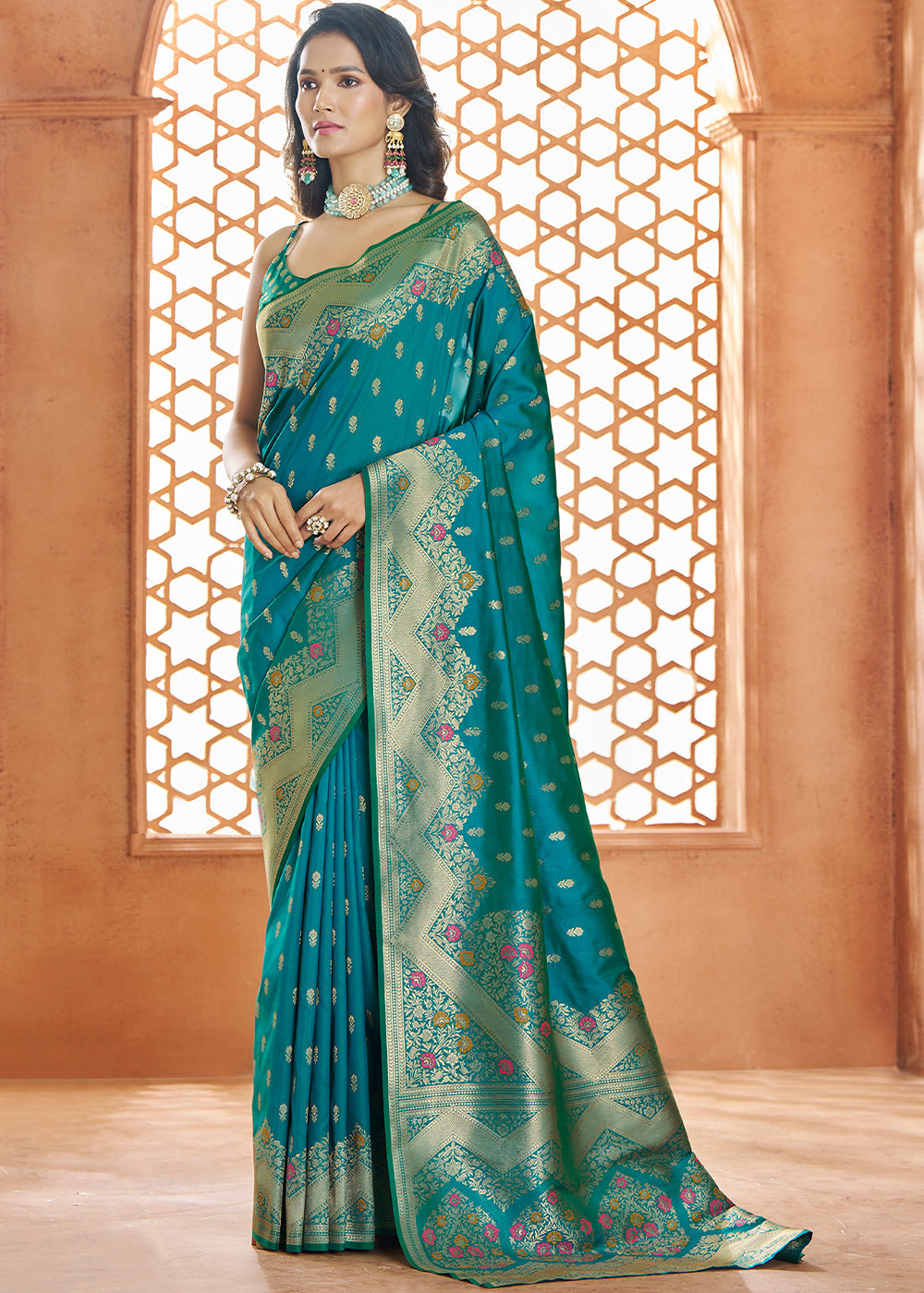 Honolulu Blue Floral Zari Woven Banarasi Silk Saree