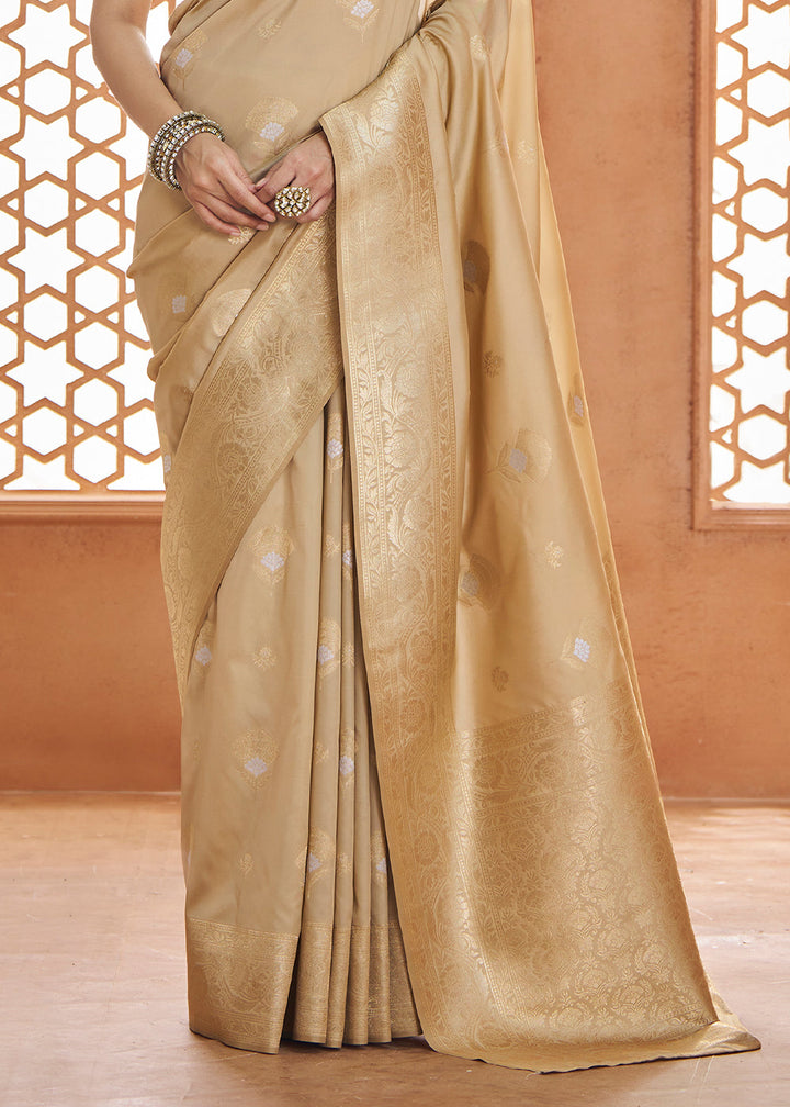 Light Brown Floral Zari Woven Banarasi Silk Saree