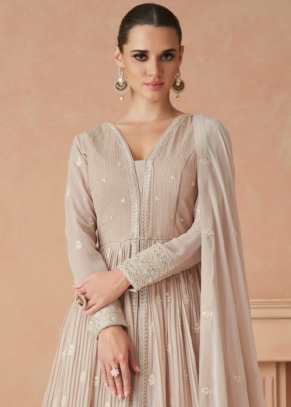 Pale Brown Designer Embroidered Georgette Anarkali Suit