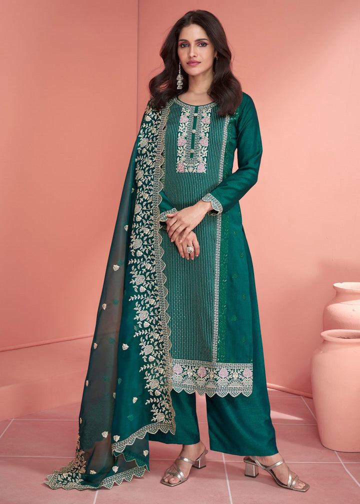 Ocean Blue Embroidered Silk Salwar Suit