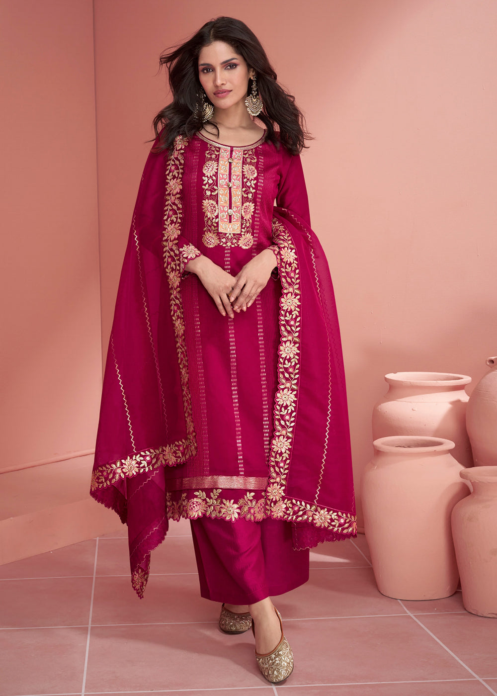 Cerise Pink Embroidered Silk Salwar Suit