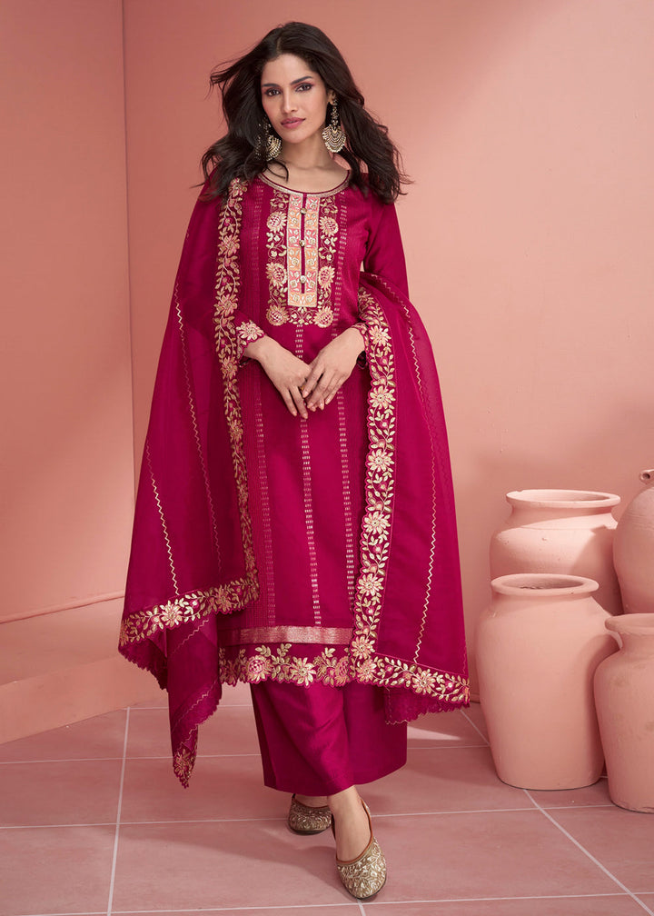 Cerise Pink Embroidered Silk Salwar Suit