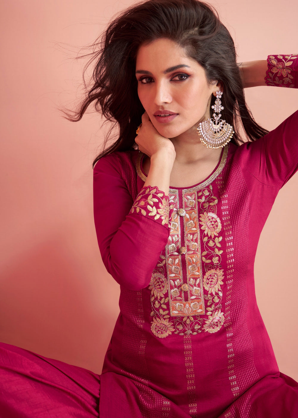 Cerise Pink Embroidered Silk Salwar Suit