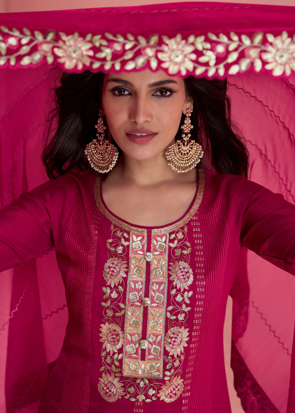 Cerise Pink Embroidered Silk Salwar Suit