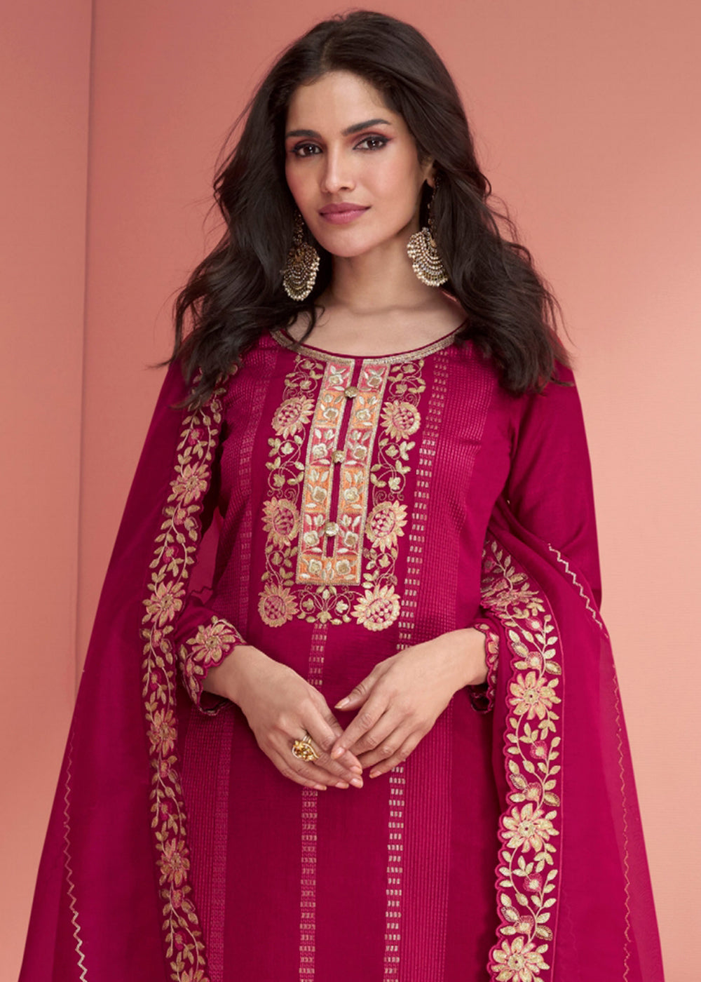 Cerise Pink Embroidered Silk Salwar Suit