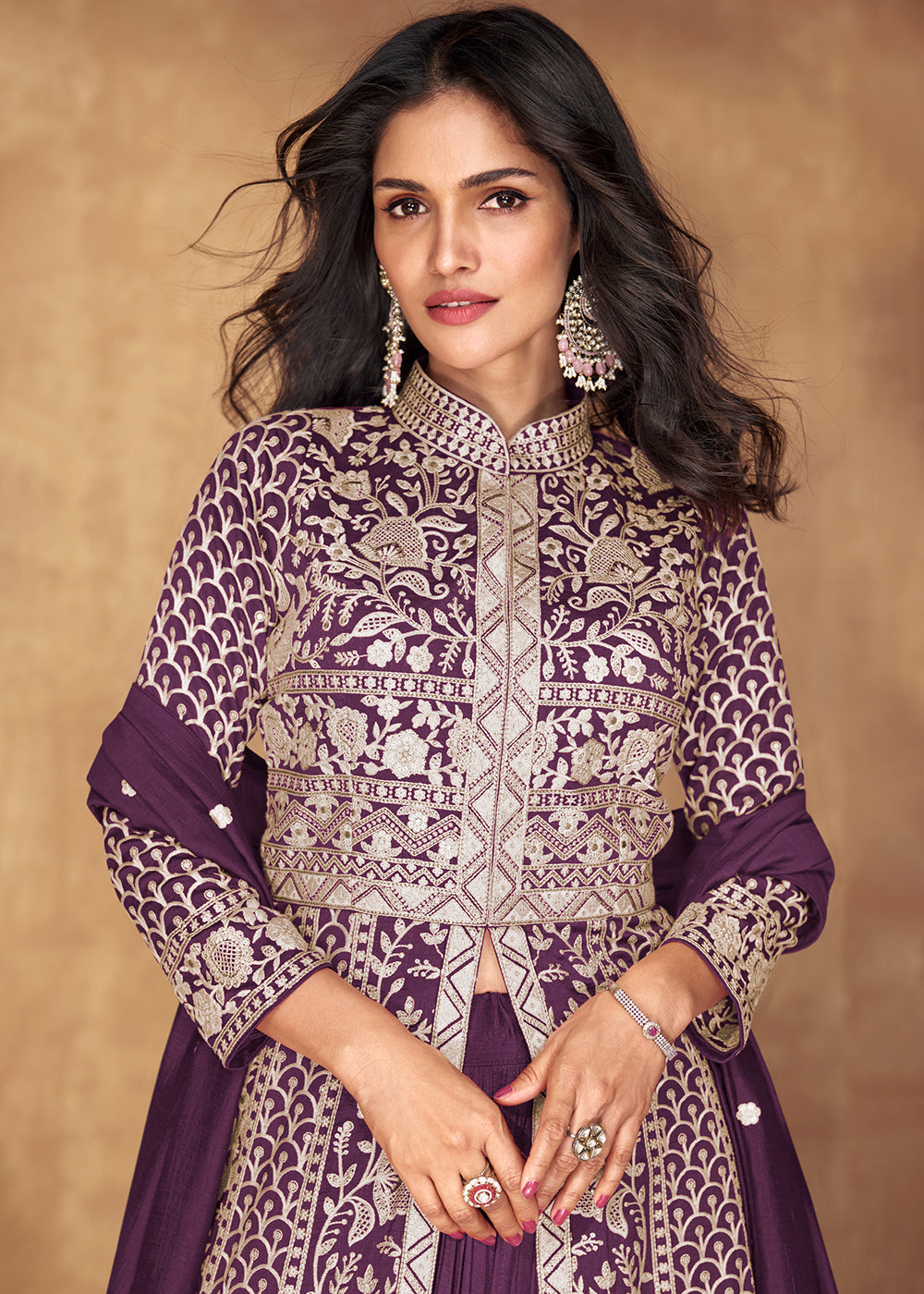 Eggplant Purple Embroidered Silk Top & Skirt Set with Dupatta