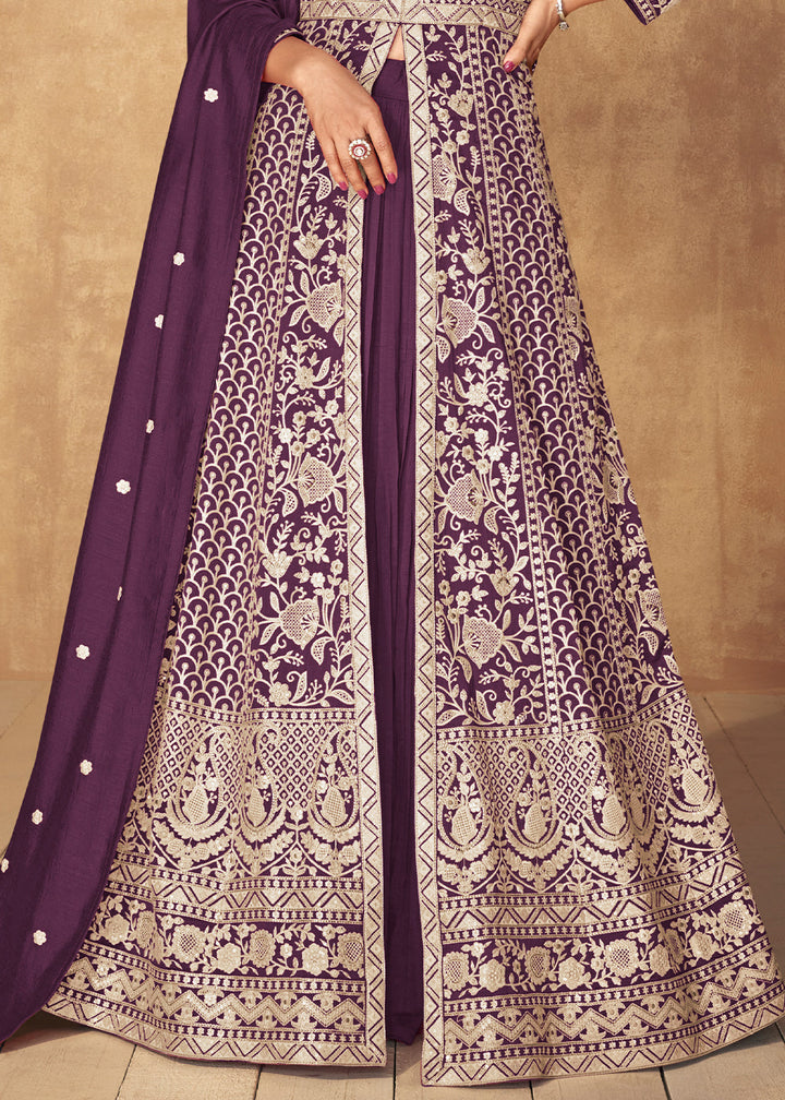 Eggplant Purple Embroidered Silk Top & Skirt Set with Dupatta