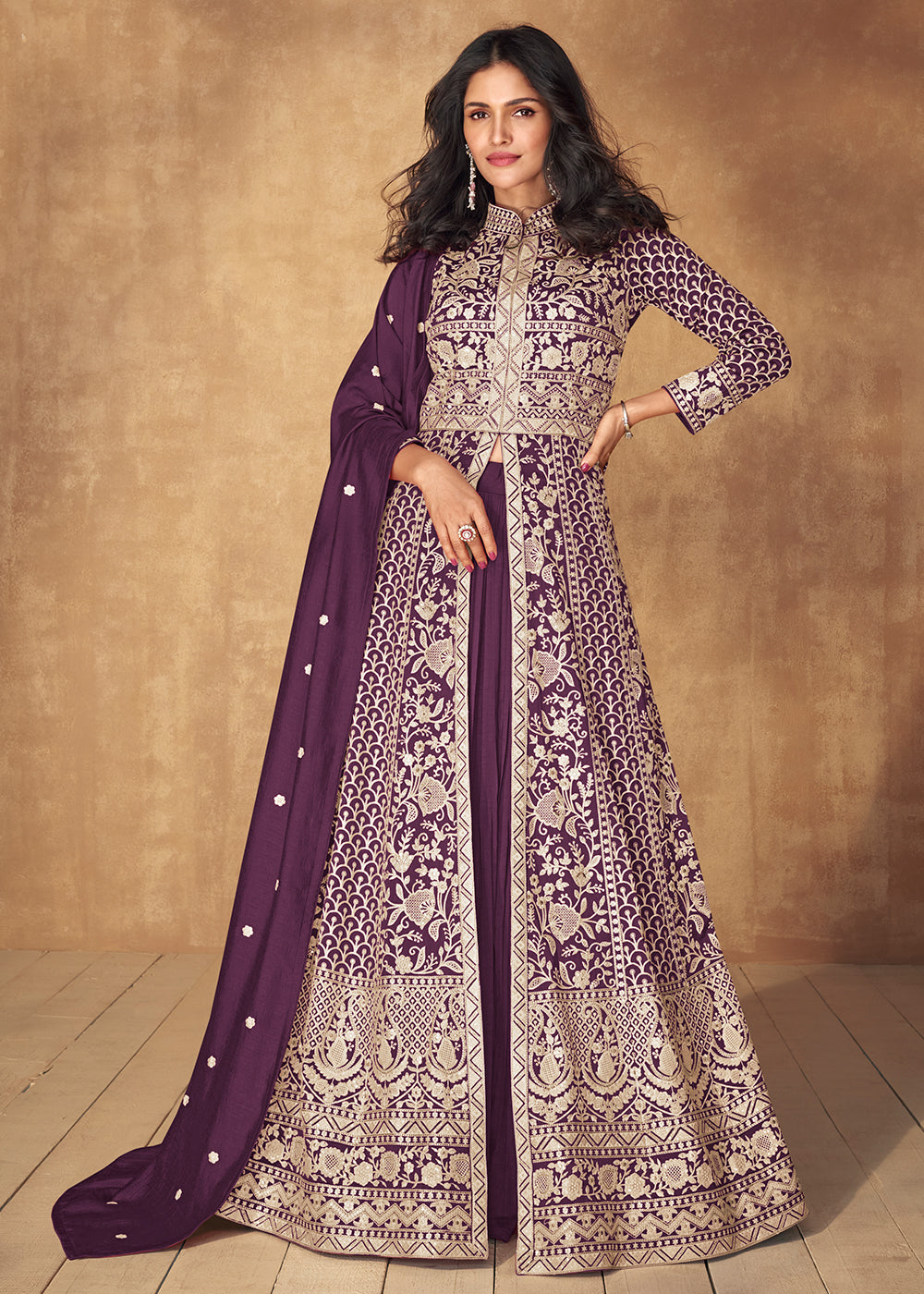 Eggplant Purple Embroidered Silk Top & Skirt Set with Dupatta