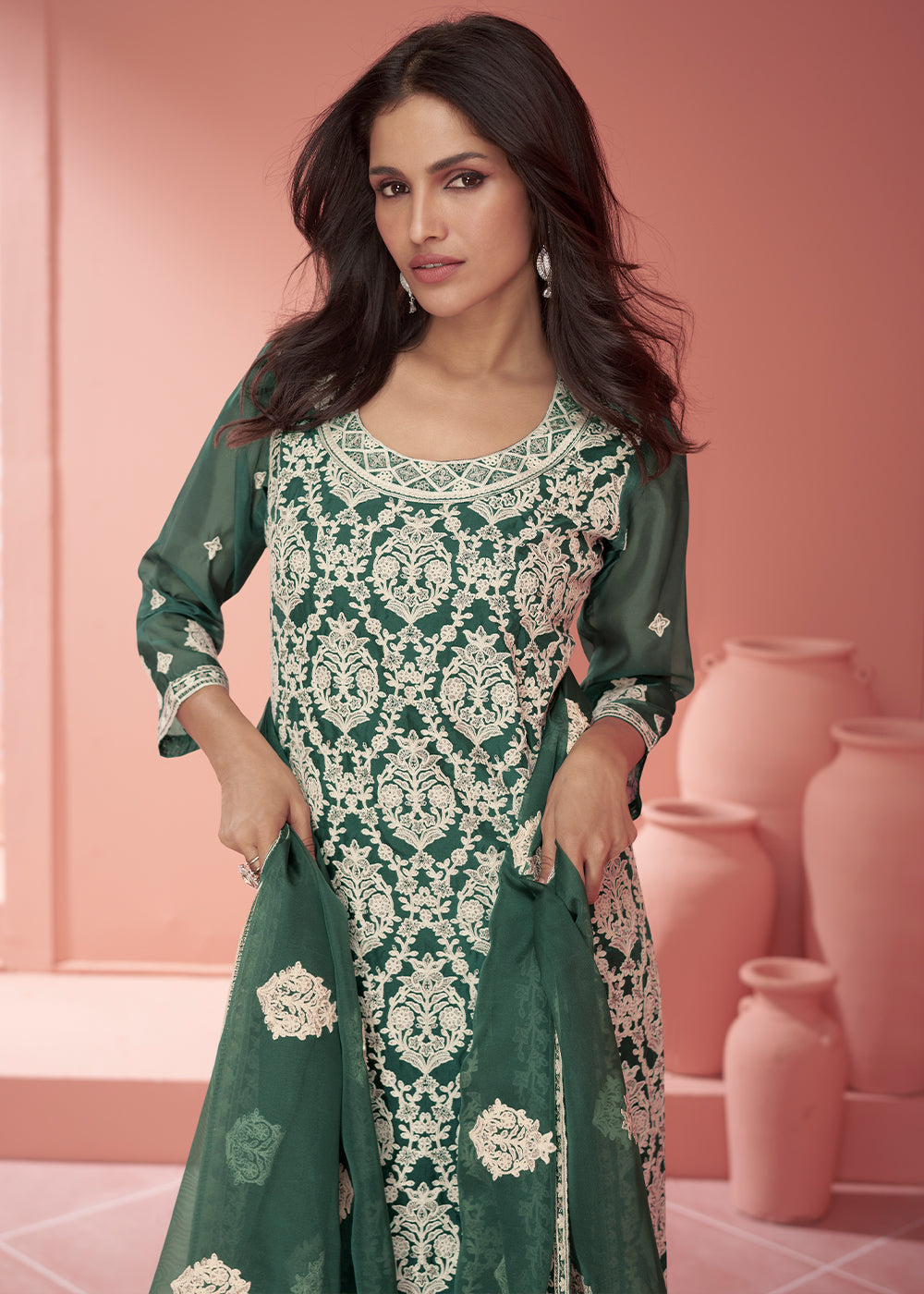 Greasy Green Organza Silk Embroidered Salwar Suit